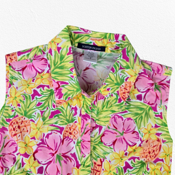 Boston Proper Yellow Tropical V Neck Sleeveless Island Collared Top Size Small - Picture 2 of 7